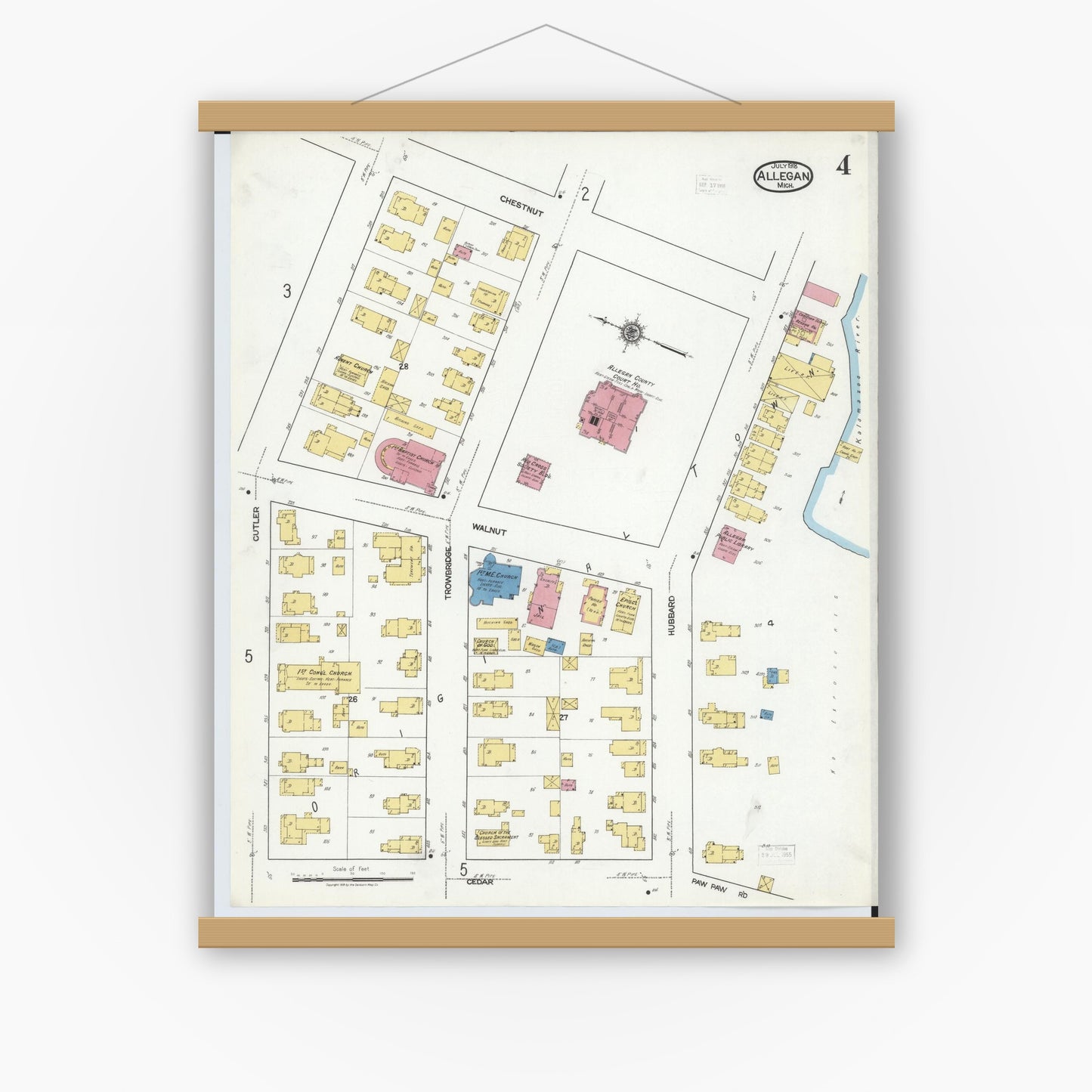 Old map wall art mockup — magnetic wood frame on white wall — Sanborn Fire Insurance Map from Allegan, Allegan County, Michigan (1918), Sheet #0004