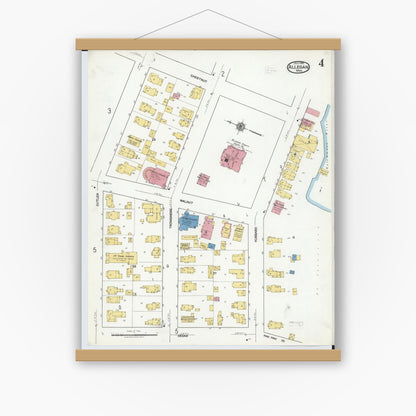Old map wall art mockup — magnetic wood frame on white wall — Sanborn Fire Insurance Map from Allegan, Allegan County, Michigan (1918), Sheet #0004