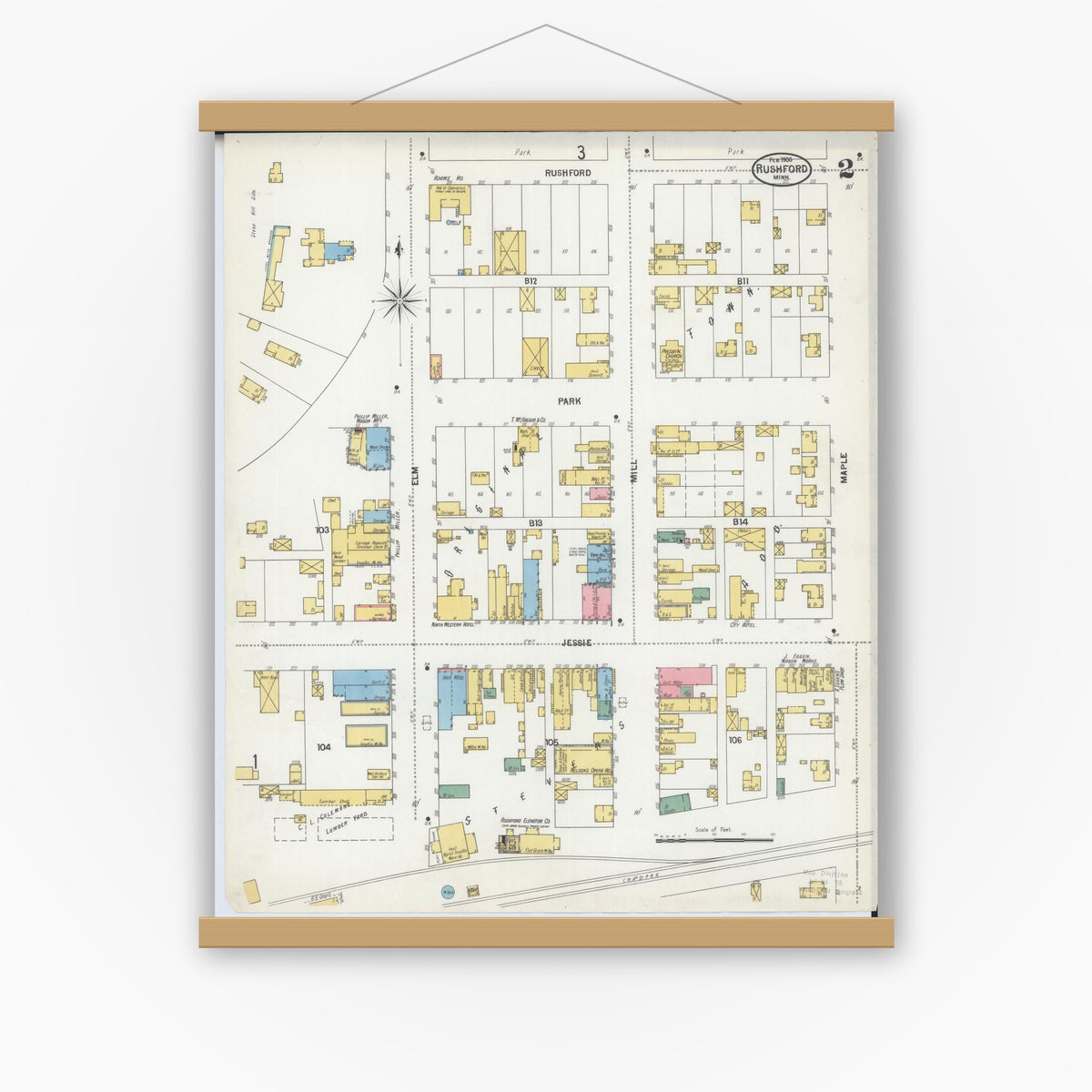 Old map wall art mockup — magnetic wood frame on white wall — Sanborn Fire Insurance Map from Rushford, Fillmore County, Minnesota (1900), Sheet #0002