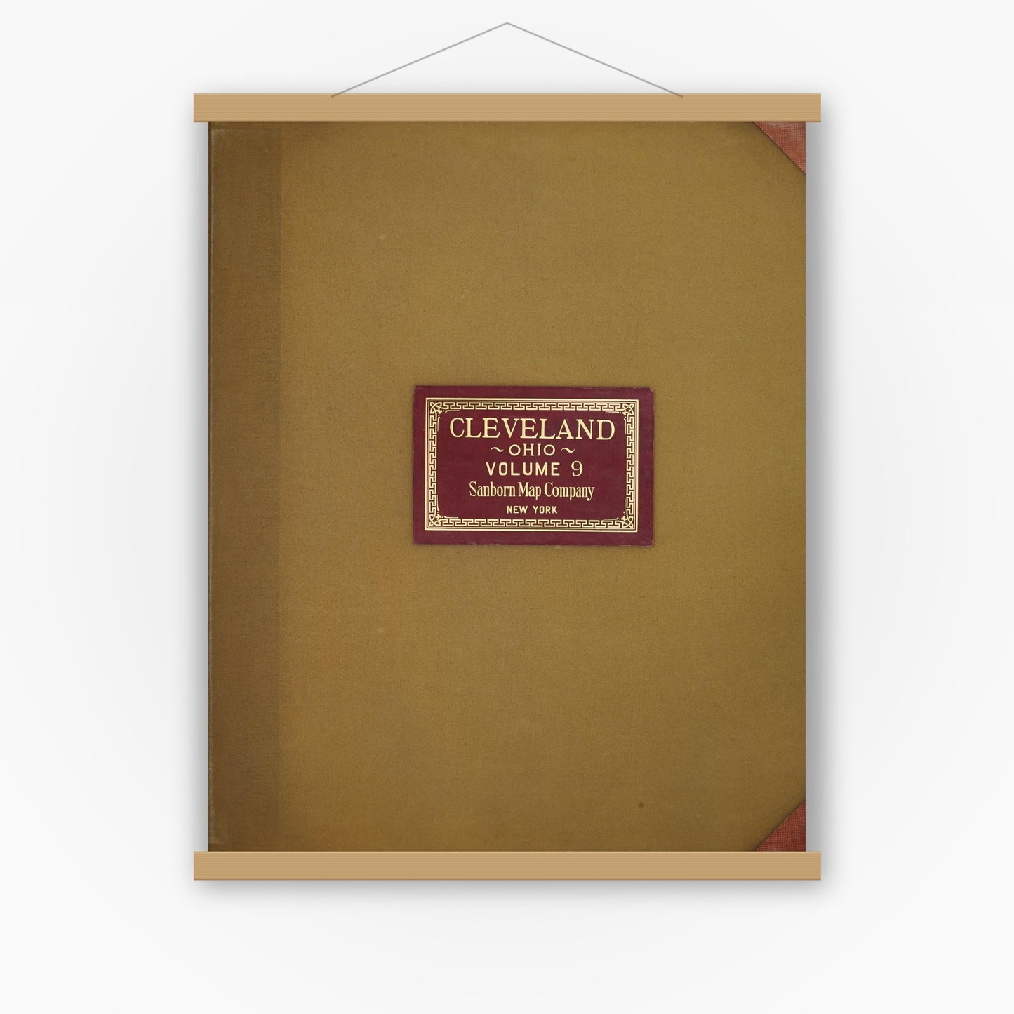 Old map wall art mockup — magnetic wood frame on white wall — Sanborn Fire Insurance Map from Cleveland, Cuyahoga County, Ohio (1949), Sheet #0001