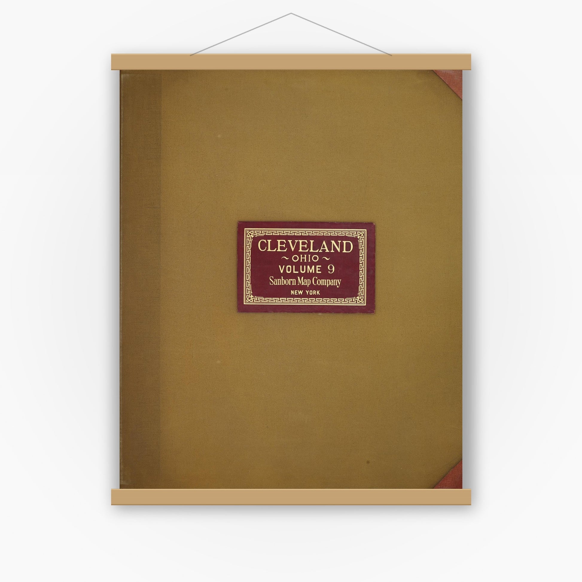 Old map wall art mockup — magnetic wood frame on white wall — Sanborn Fire Insurance Map from Cleveland, Cuyahoga County, Ohio (1949), Sheet #0001