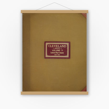 Old map wall art mockup — magnetic wood frame on white wall — Sanborn Fire Insurance Map from Cleveland, Cuyahoga County, Ohio (1949), Sheet #0001