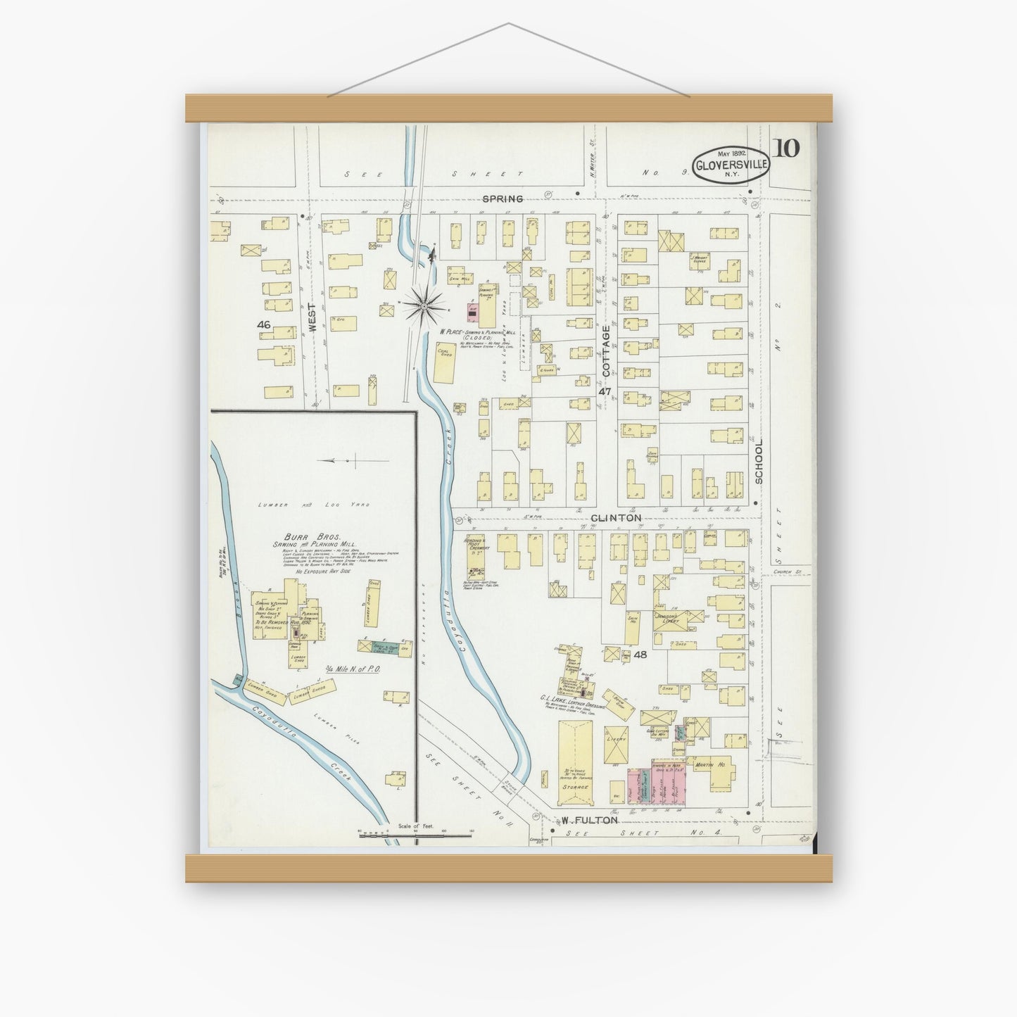 Old map wall art mockup — magnetic wood frame on white wall — Sanborn Fire Insurance Map from Gloversville, Fulton County, New York (1892), Sheet #0010