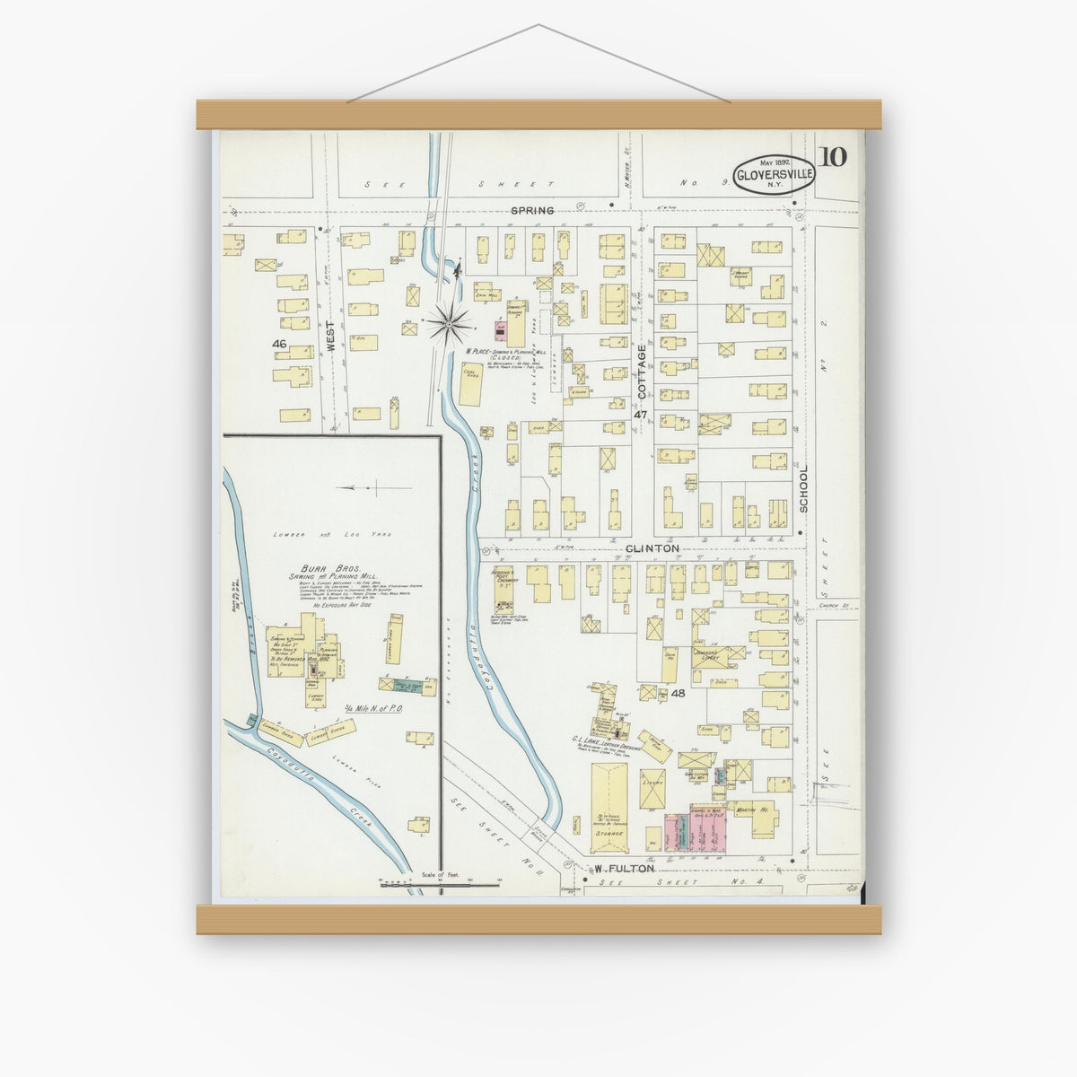 Old map wall art mockup — magnetic wood frame on white wall — Sanborn Fire Insurance Map from Gloversville, Fulton County, New York (1892), Sheet #0010