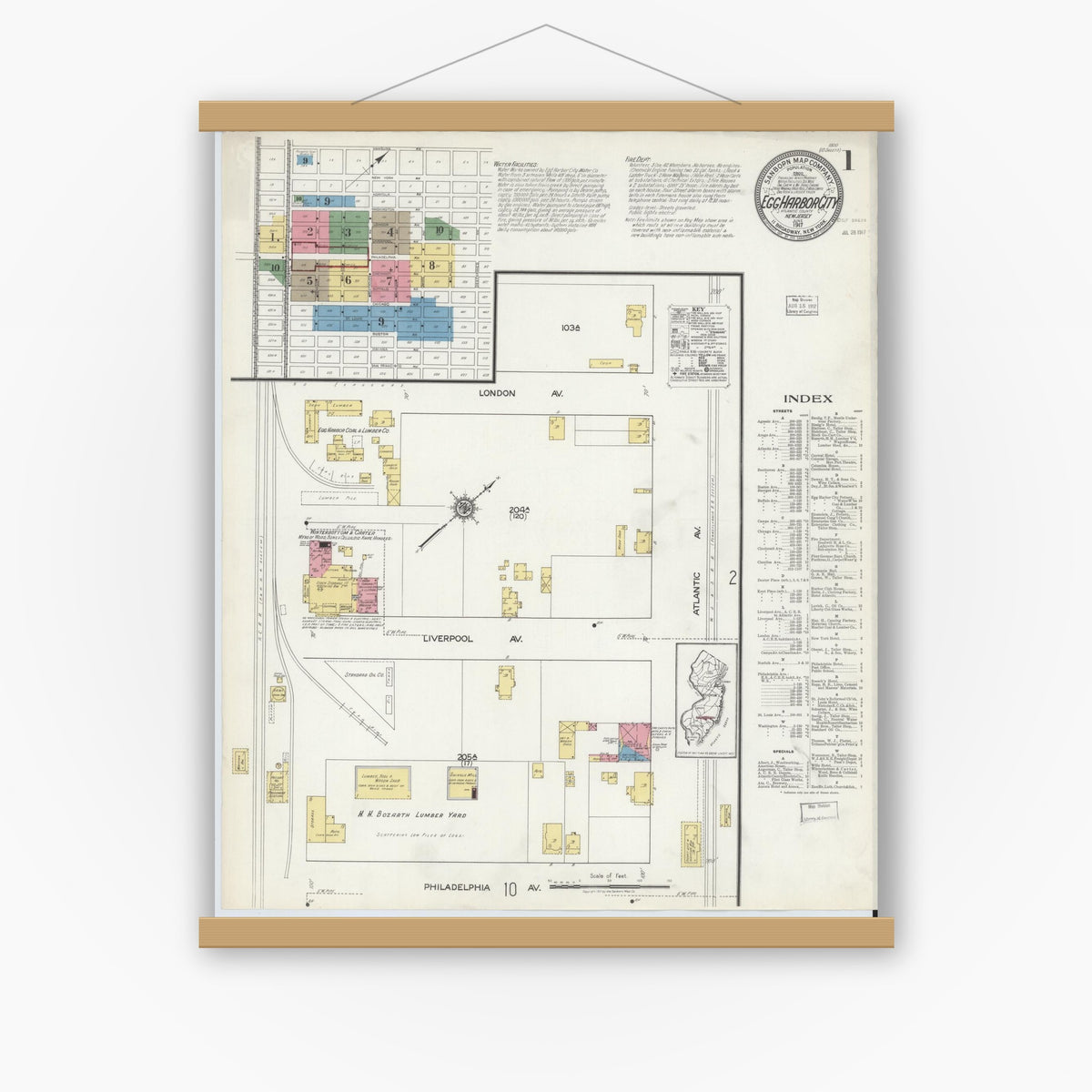 Old map wall art mockup — magnetic wood frame on white wall — Sanborn Fire Insurance Map from Egg Harbor City, Atlantic County, New Jersey (1917) - Complete Map Set