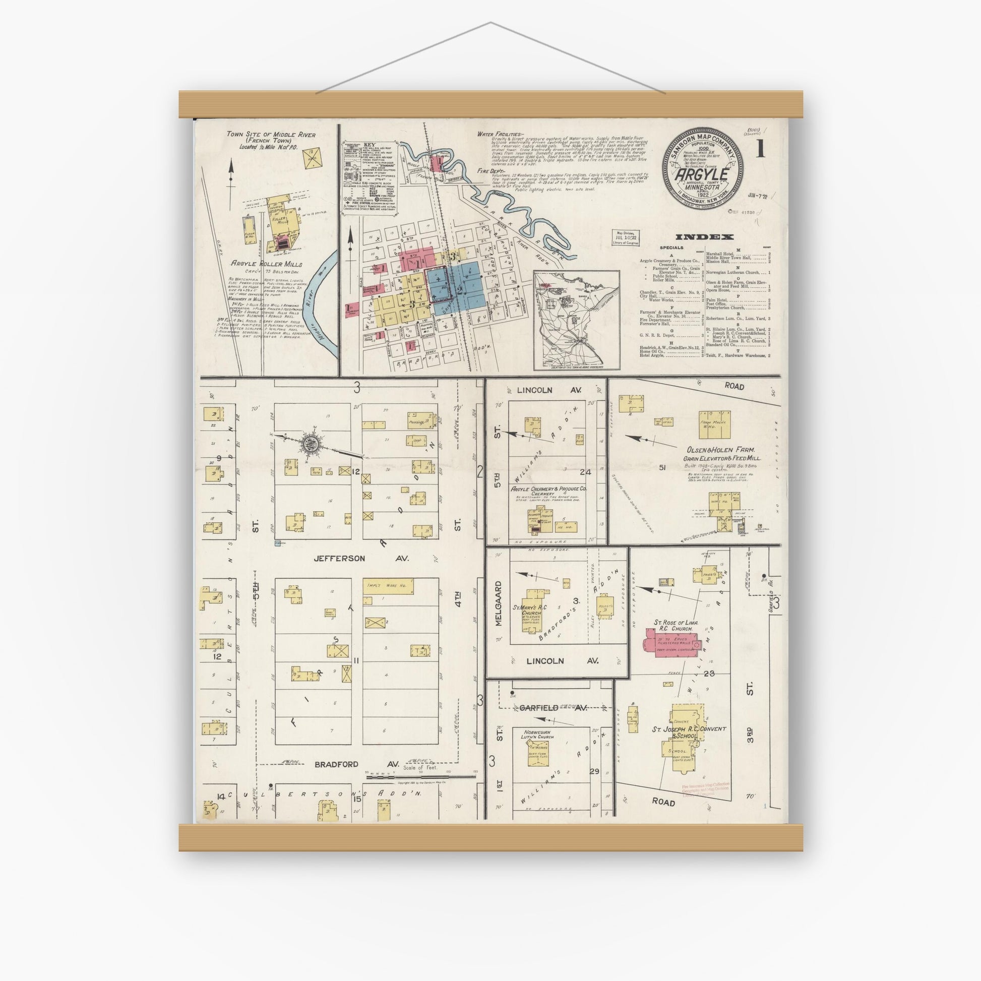 Old map wall art mockup — magnetic wood frame on white wall — Sanborn Fire Insurance Map from Argyle, Marshall County, Minnesota (1922), Sheet #0001