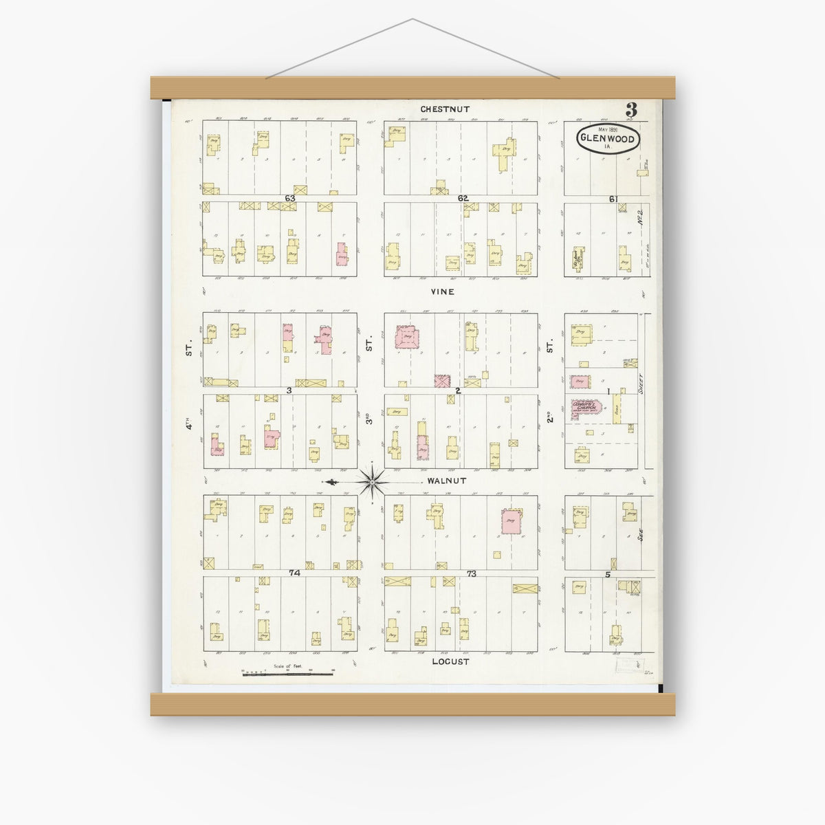 Old map wall art mockup — magnetic wood frame on white wall — Sanborn Fire Insurance Map from Glenwood, Mills County, Iowa (1891), Sheet #0003