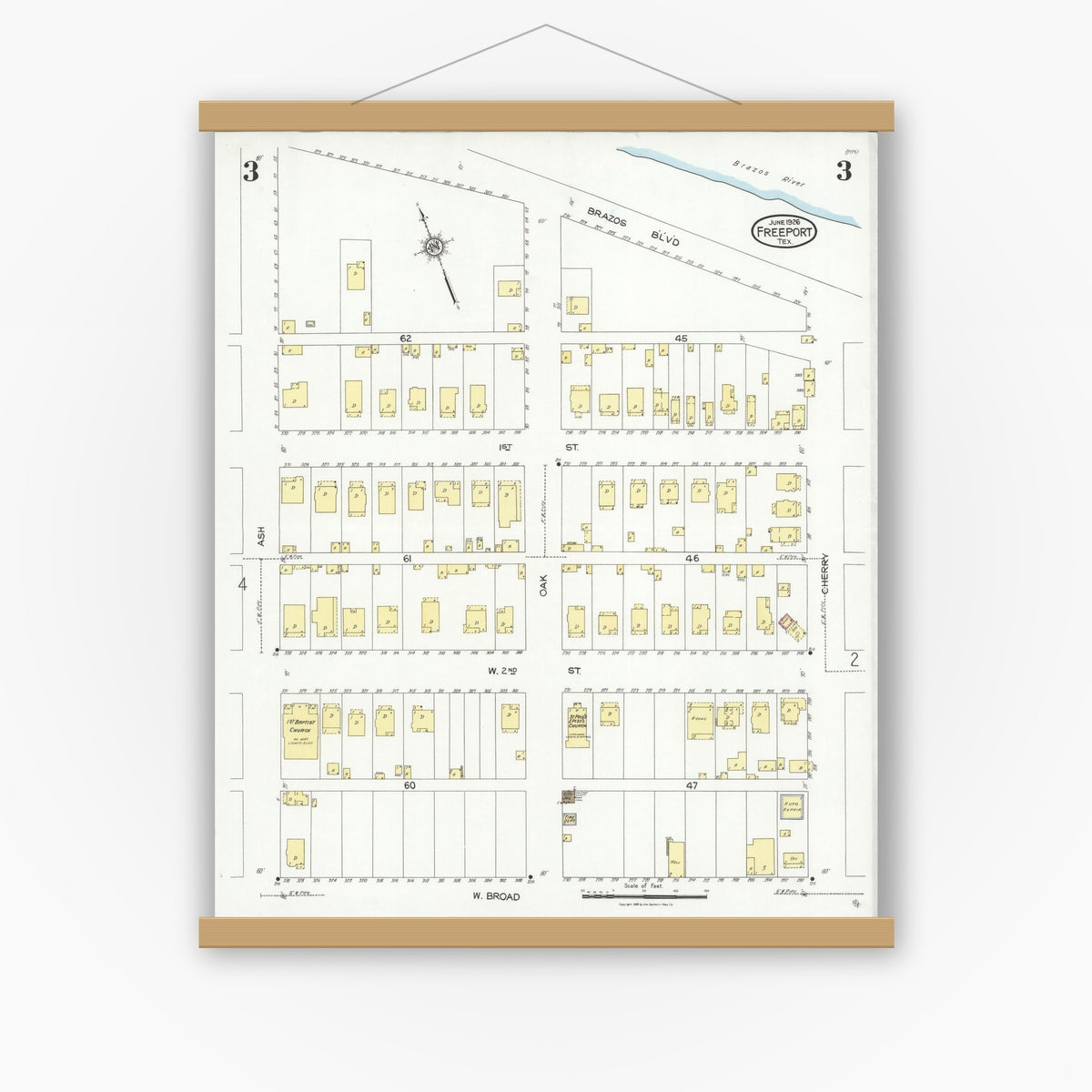 Old map wall art mockup — magnetic wood frame on white wall — Sanborn Fire Insurance Map from Freeport, Brazoria County, Texas (1926), Sheet #0003