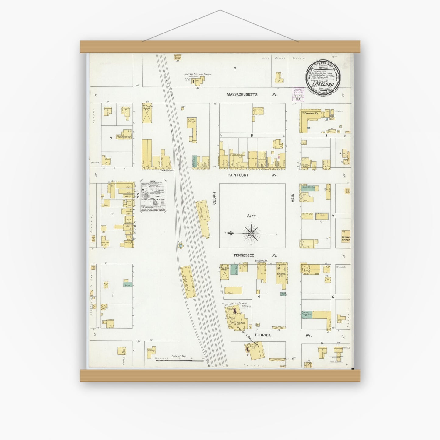 Old map wall art mockup — magnetic wood frame on white wall — Sanborn Fire Insurance Map from Lakeland, Polk County, Florida (1901), Sheet #0001