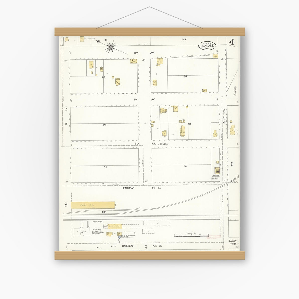 Old map wall art mockup — magnetic wood frame on white wall — Sanborn Fire Insurance Map from Oakdale, Stanislaus County, California (1907), Sheet #0004