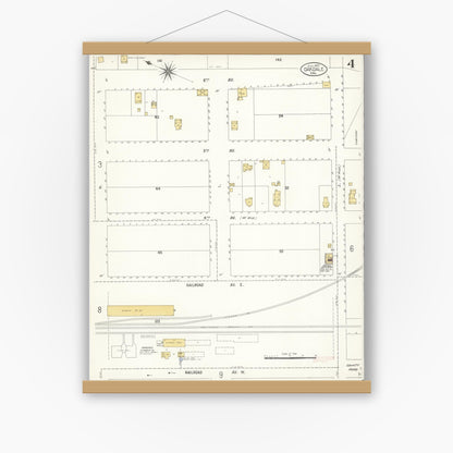 Old map wall art mockup — magnetic wood frame on white wall — Sanborn Fire Insurance Map from Oakdale, Stanislaus County, California (1907), Sheet #0004