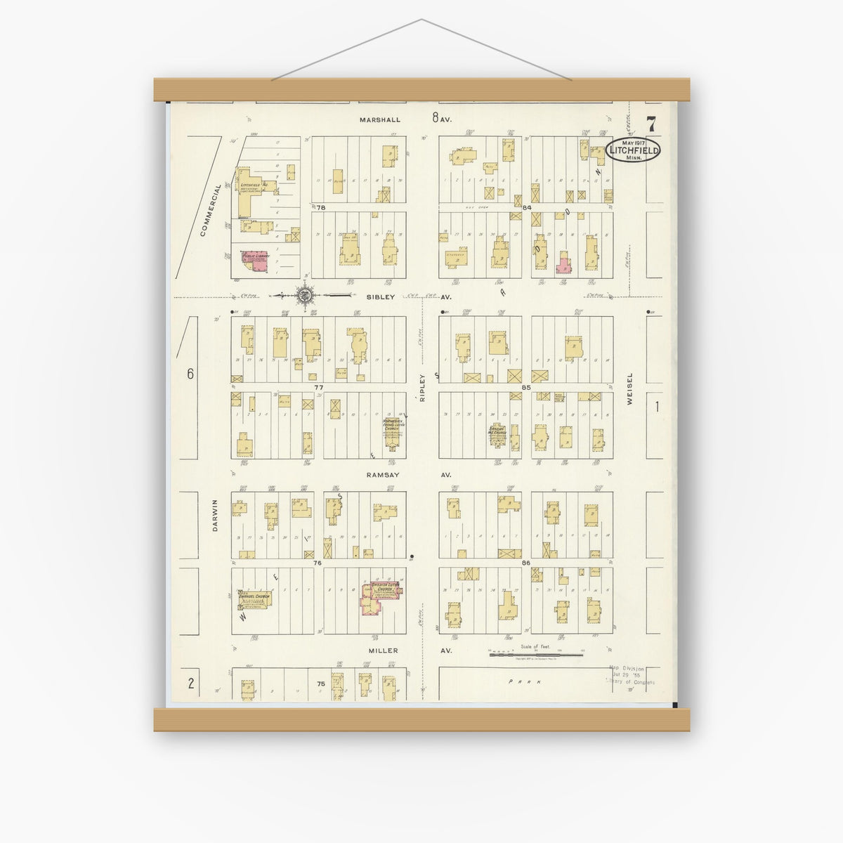 Old map wall art mockup — magnetic wood frame on white wall — Sanborn Fire Insurance Map from Litchfield, Meeker County, Minnesota (1917), Sheet #0007
