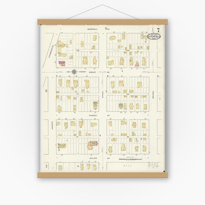 Old map wall art mockup — magnetic wood frame on white wall — Sanborn Fire Insurance Map from Litchfield, Meeker County, Minnesota (1917), Sheet #0007