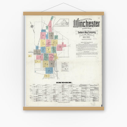 Old map wall art mockup — magnetic wood frame on white wall — Sanborn Fire Insurance Map from Winchester, Independent Cities, Virginia (1912) - Complete Map Set
