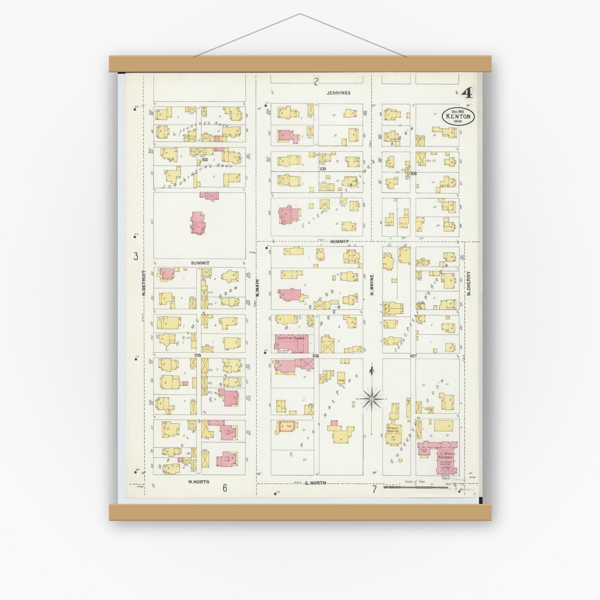 Old map wall art mockup — magnetic wood frame on white wall — Sanborn Fire Insurance Map from Kenton, Hardin County, Ohio (1902), Sheet #0004