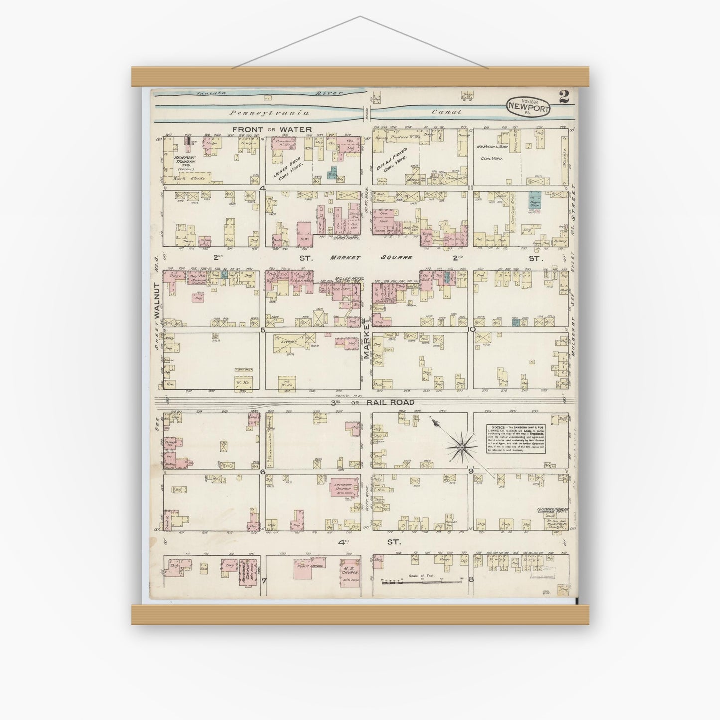 Old map wall art mockup — magnetic wood frame on white wall — Sanborn Fire Insurance Map from Newport, Perry County, Pennsylvania (1884), Sheet #0002