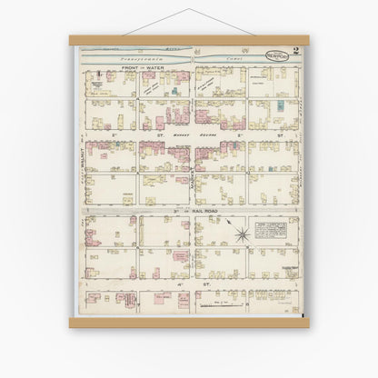 Old map wall art mockup — magnetic wood frame on white wall — Sanborn Fire Insurance Map from Newport, Perry County, Pennsylvania (1884), Sheet #0002