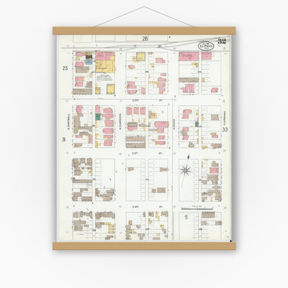 Old map wall art mockup — magnetic wood frame on white wall — Sanborn Fire Insurance Map from El Paso, El Paso County, Texas (1905), Sheet #0032