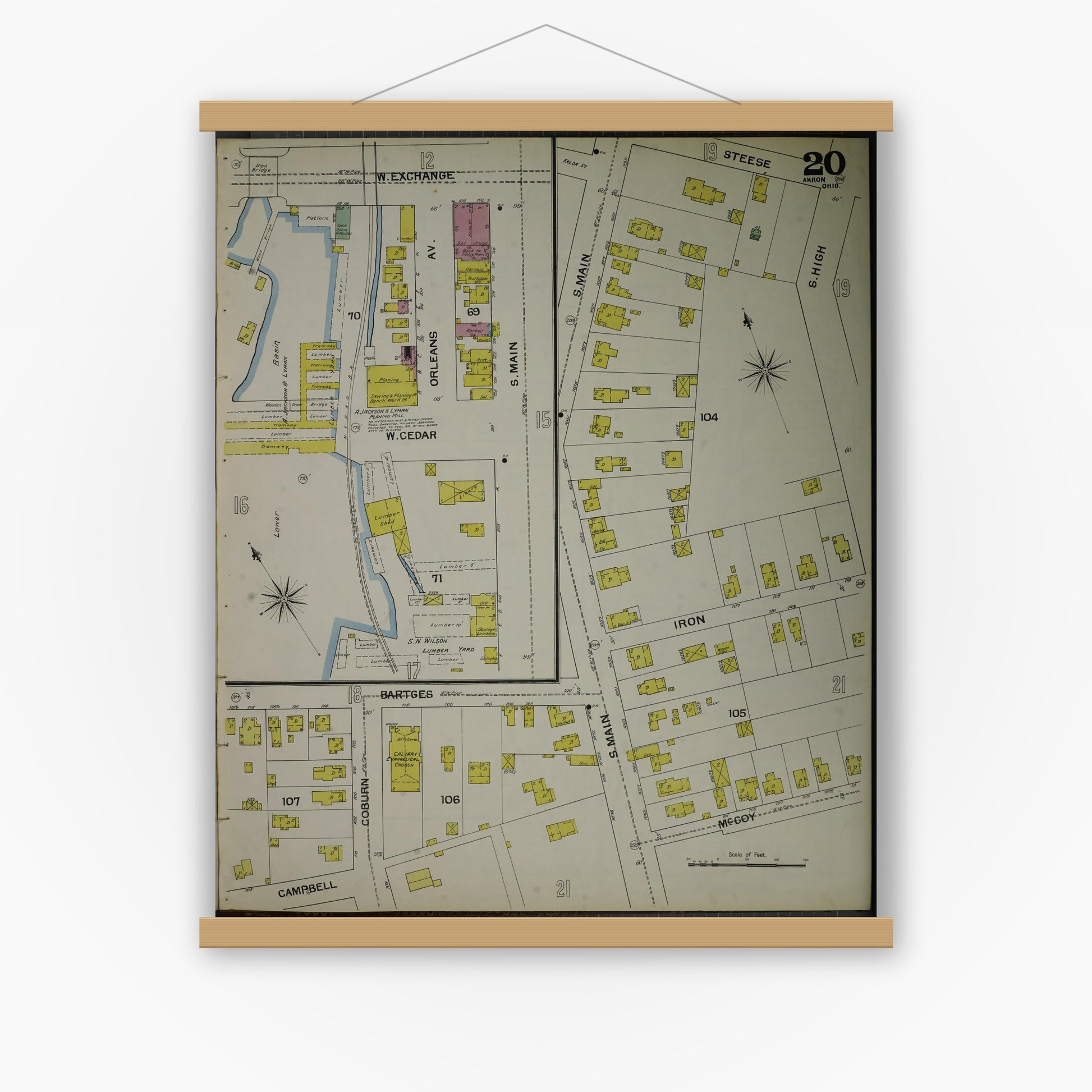 Old map wall art mockup — magnetic wood frame on white wall — Sanborn Fire Insurance Map from Akron, Summit County, Ohio (1892), Sheet #0020