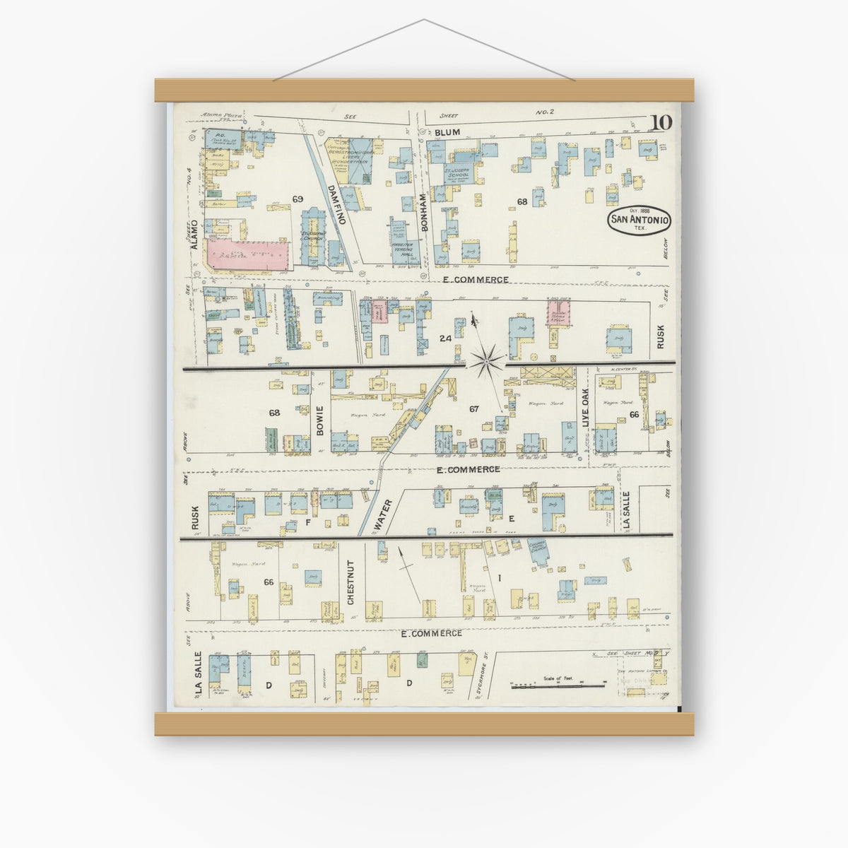 Old map wall art mockup — magnetic wood frame on white wall — Sanborn Fire Insurance Map from San Antonio, Bexar County, Texas (1888), Sheet #0010