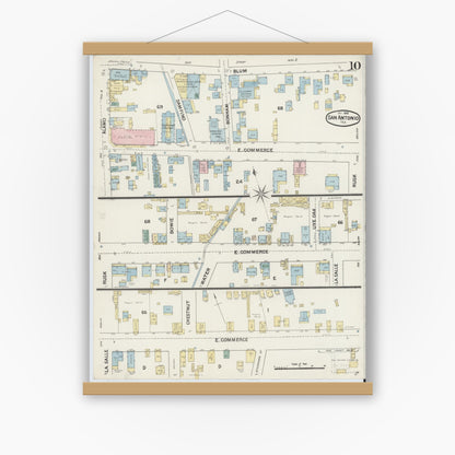 Old map wall art mockup — magnetic wood frame on white wall — Sanborn Fire Insurance Map from San Antonio, Bexar County, Texas (1888), Sheet #0010