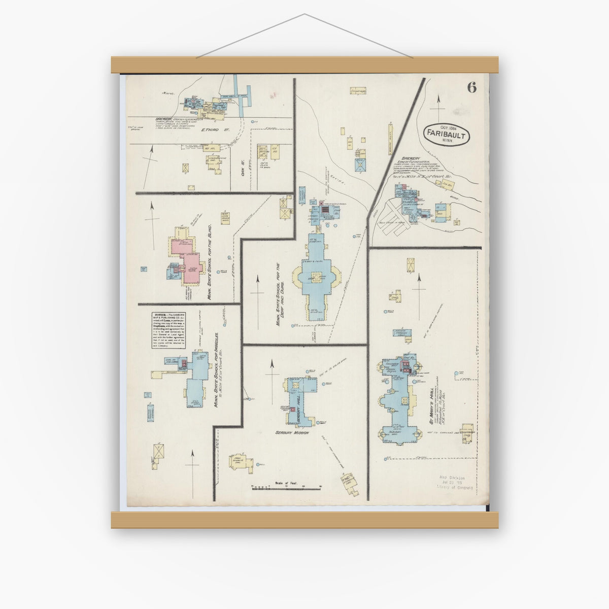 Old map wall art mockup — magnetic wood frame on white wall — Sanborn Fire Insurance Map from Faribault, Rice County, Minnesota (1884), Sheet #0006