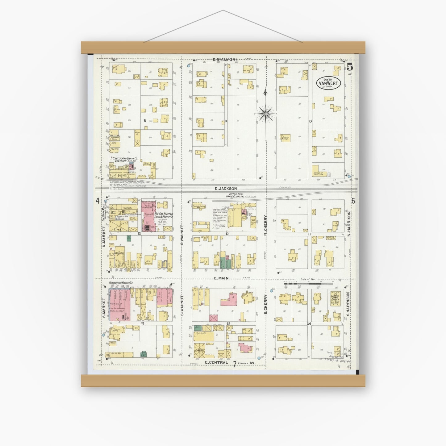 Old map wall art mockup — magnetic wood frame on white wall — Sanborn Fire Insurance Map from Van Wert, Van Wert County, Ohio (1901), Sheet #0005
