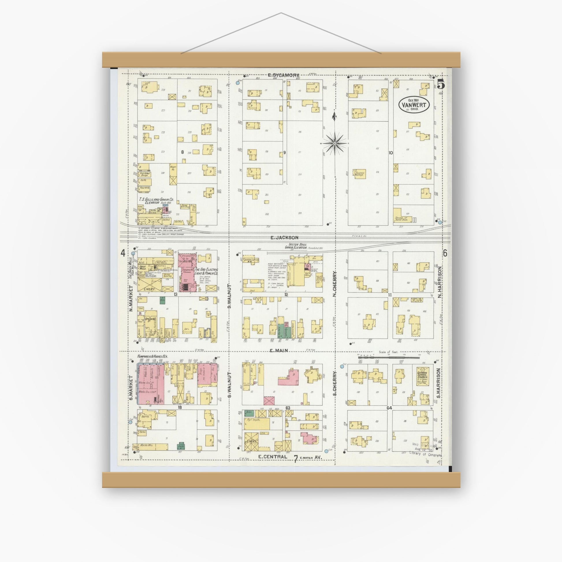 Old map wall art mockup — magnetic wood frame on white wall — Sanborn Fire Insurance Map from Van Wert, Van Wert County, Ohio (1901), Sheet #0005