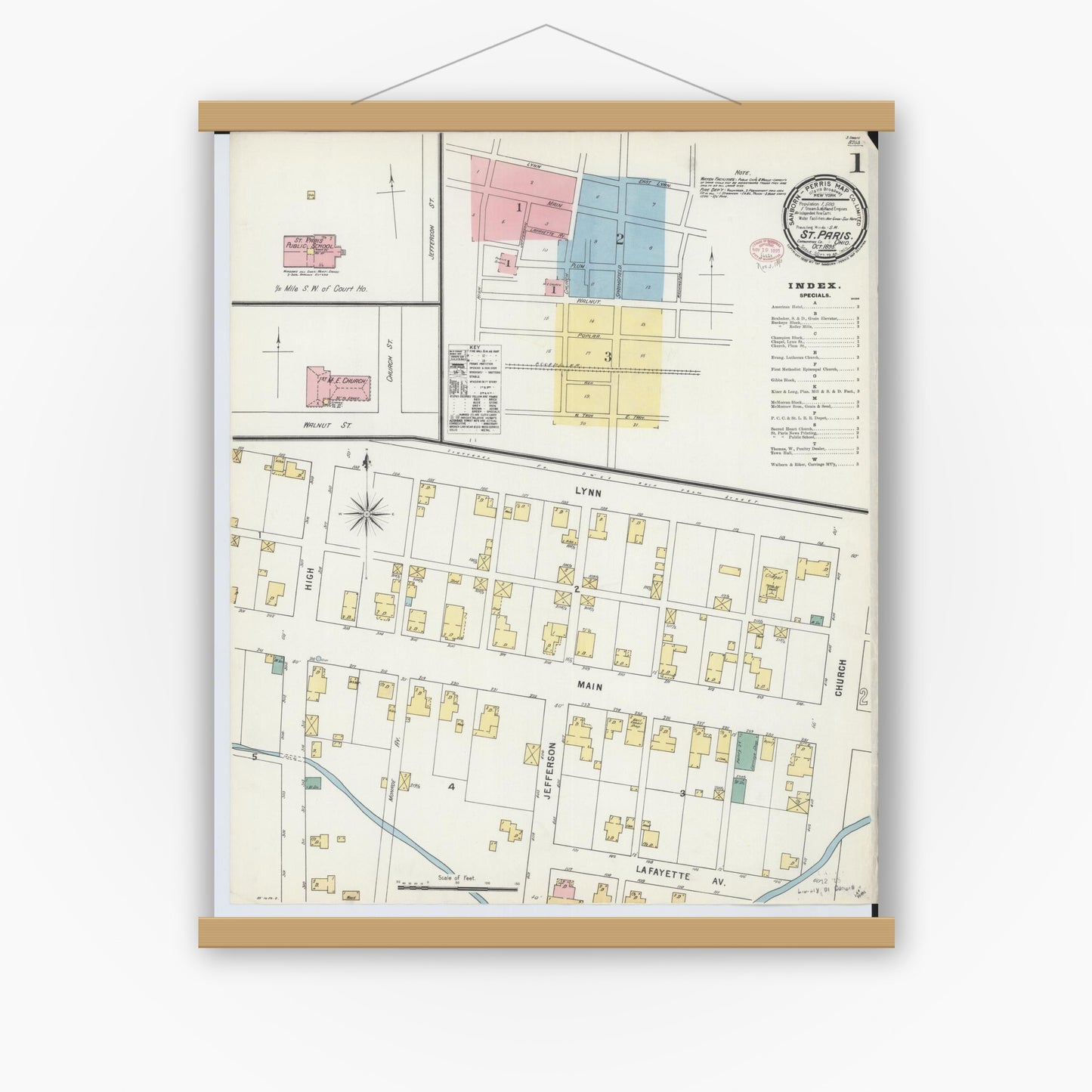 Old map wall art mockup — magnetic wood frame on white wall — Sanborn Fire Insurance Map from Saint Paris, Champaign County, Ohio (1895), Sheet #0001