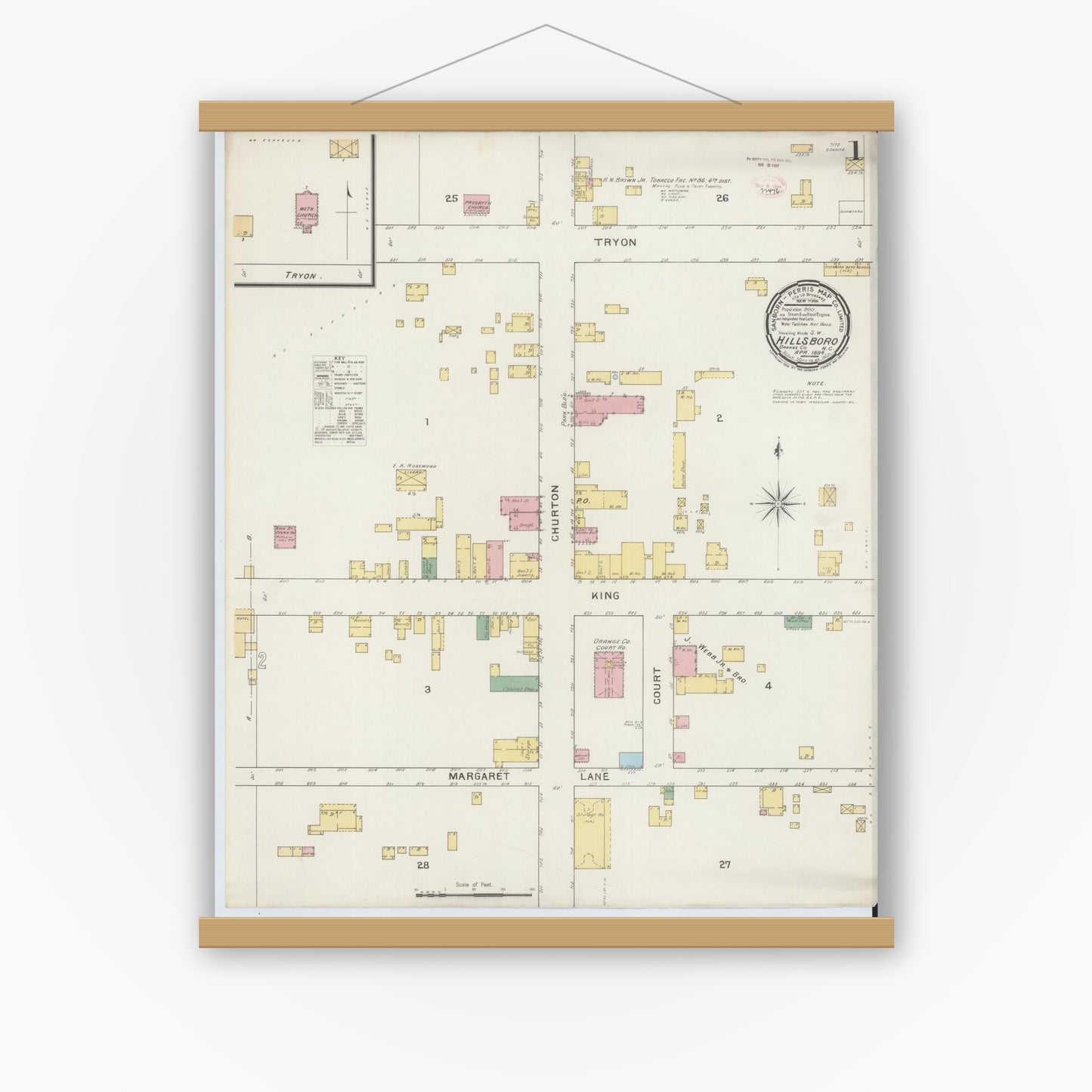 Old map wall art mockup — magnetic wood frame on white wall — Sanborn Fire Insurance Map from Hillsboro, Orange County, North Carolina (1894) - Complete Map Set