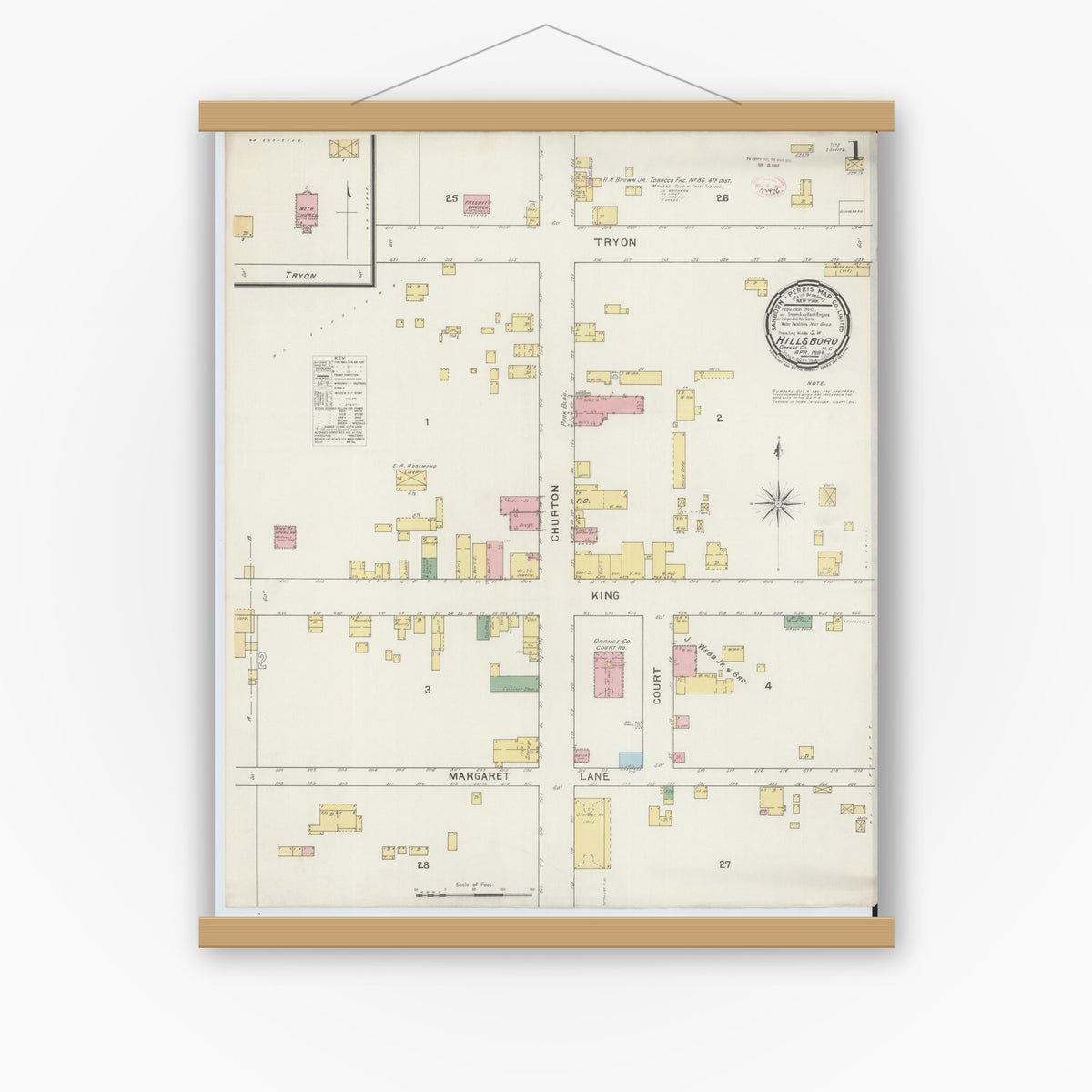 Old map wall art mockup — magnetic wood frame on white wall — Sanborn Fire Insurance Map from Hillsboro, Orange County, North Carolina (1894) - Complete Map Set