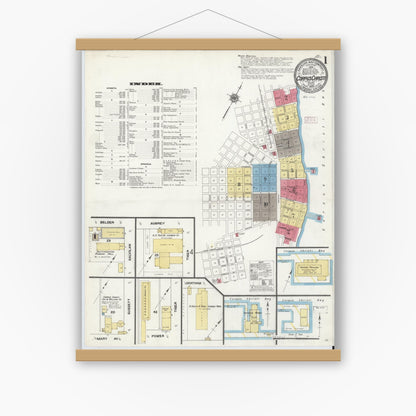 Old map wall art mockup — magnetic wood frame on white wall — Sanborn Fire Insurance Map from Corpus Christi, Nueces County, Texas (1909) - Complete Map Set