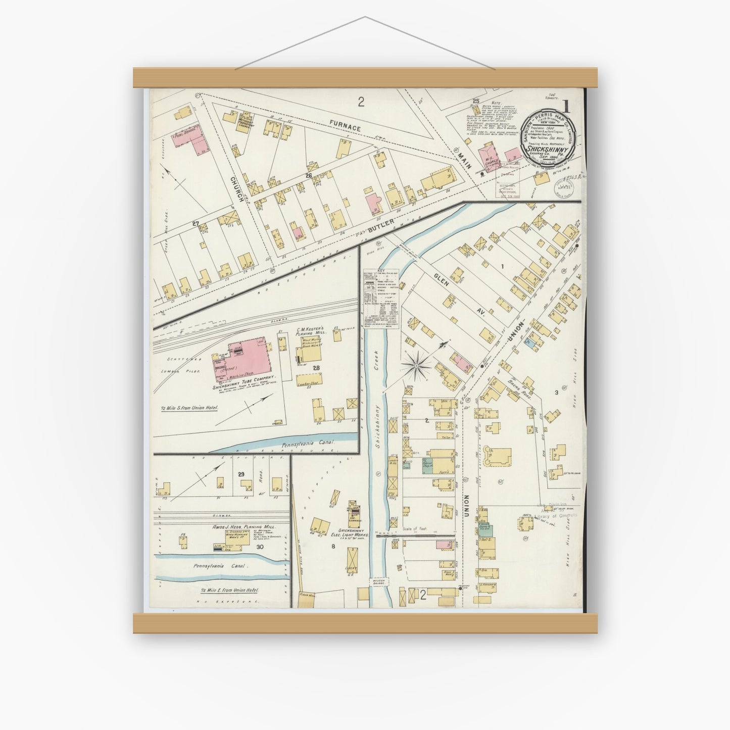 Old map wall art mockup — magnetic wood frame on white wall — Sanborn Fire Insurance Map from Shickshinny, Luzerne County, Pennsylvania (1896) - Complete Map Set