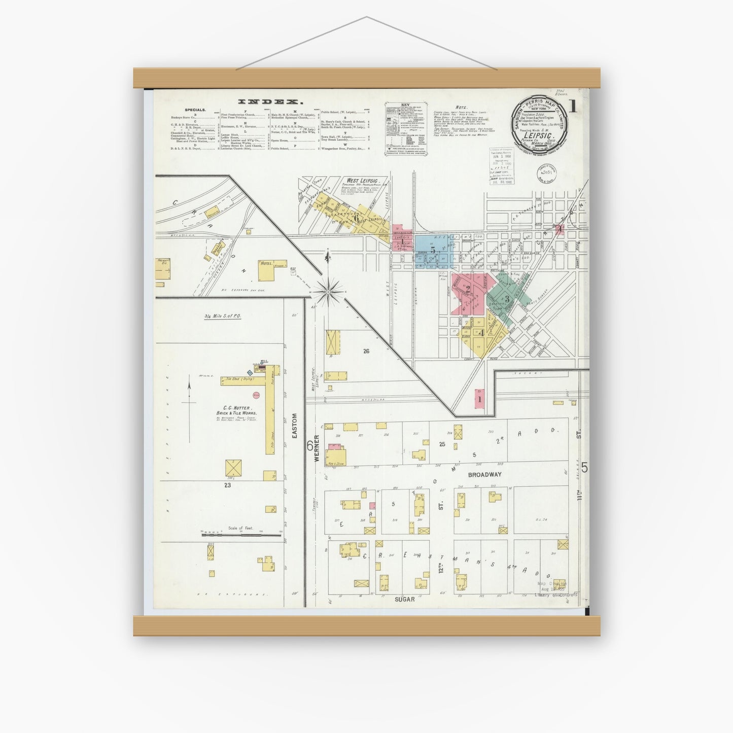 Old map wall art mockup — magnetic wood frame on white wall — Sanborn Fire Insurance Map from Leipsic, Putnam County, Ohio (1900) - Complete Map Set