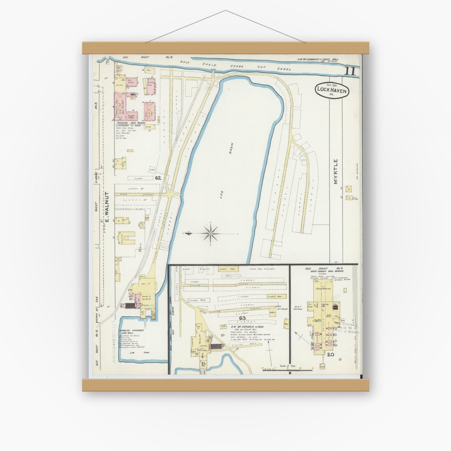 Old map wall art mockup — magnetic wood frame on white wall — Sanborn Fire Insurance Map from Lock Haven, Clinton County, Pennsylvania (1891), Sheet #0011