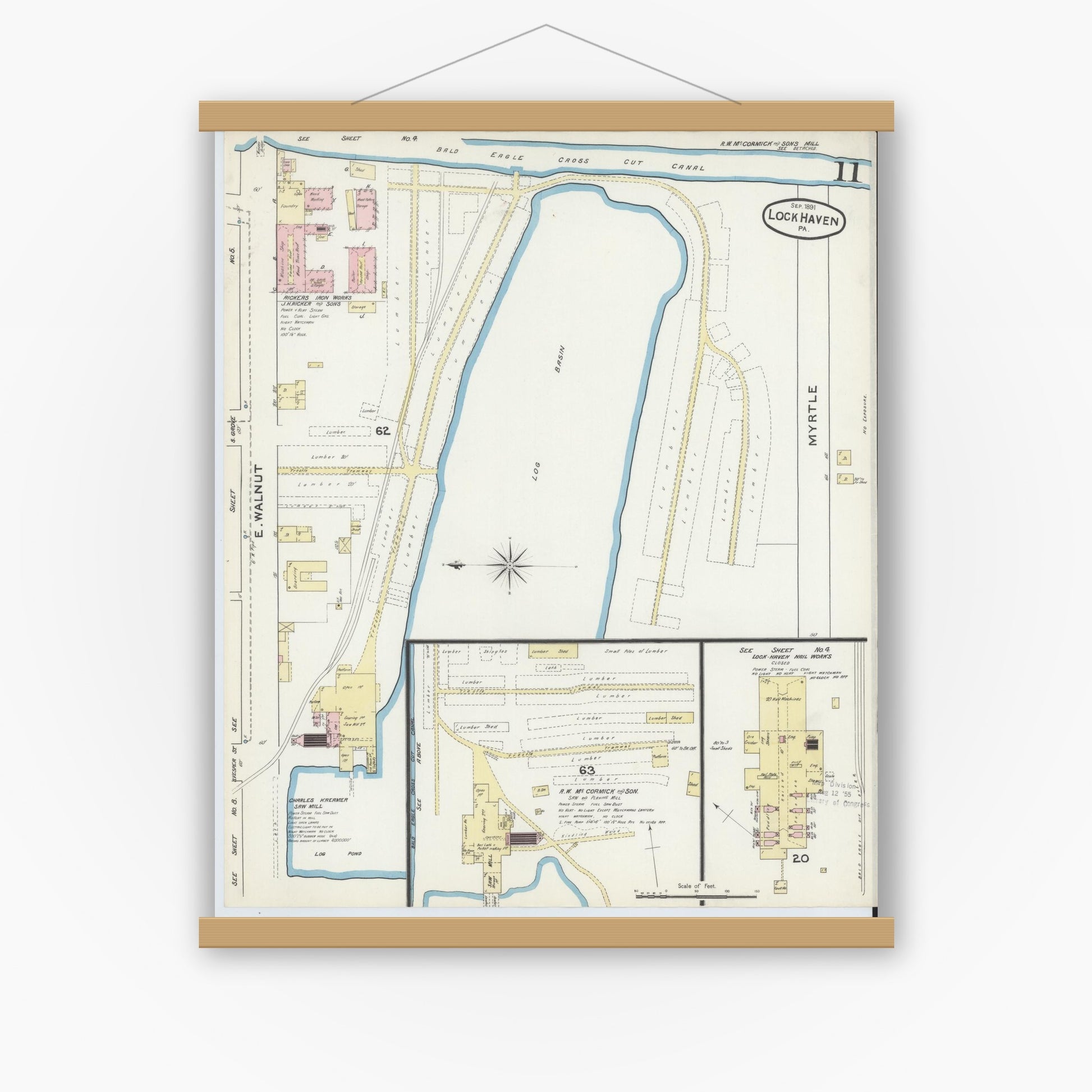 Old map wall art mockup — magnetic wood frame on white wall — Sanborn Fire Insurance Map from Lock Haven, Clinton County, Pennsylvania (1891), Sheet #0011