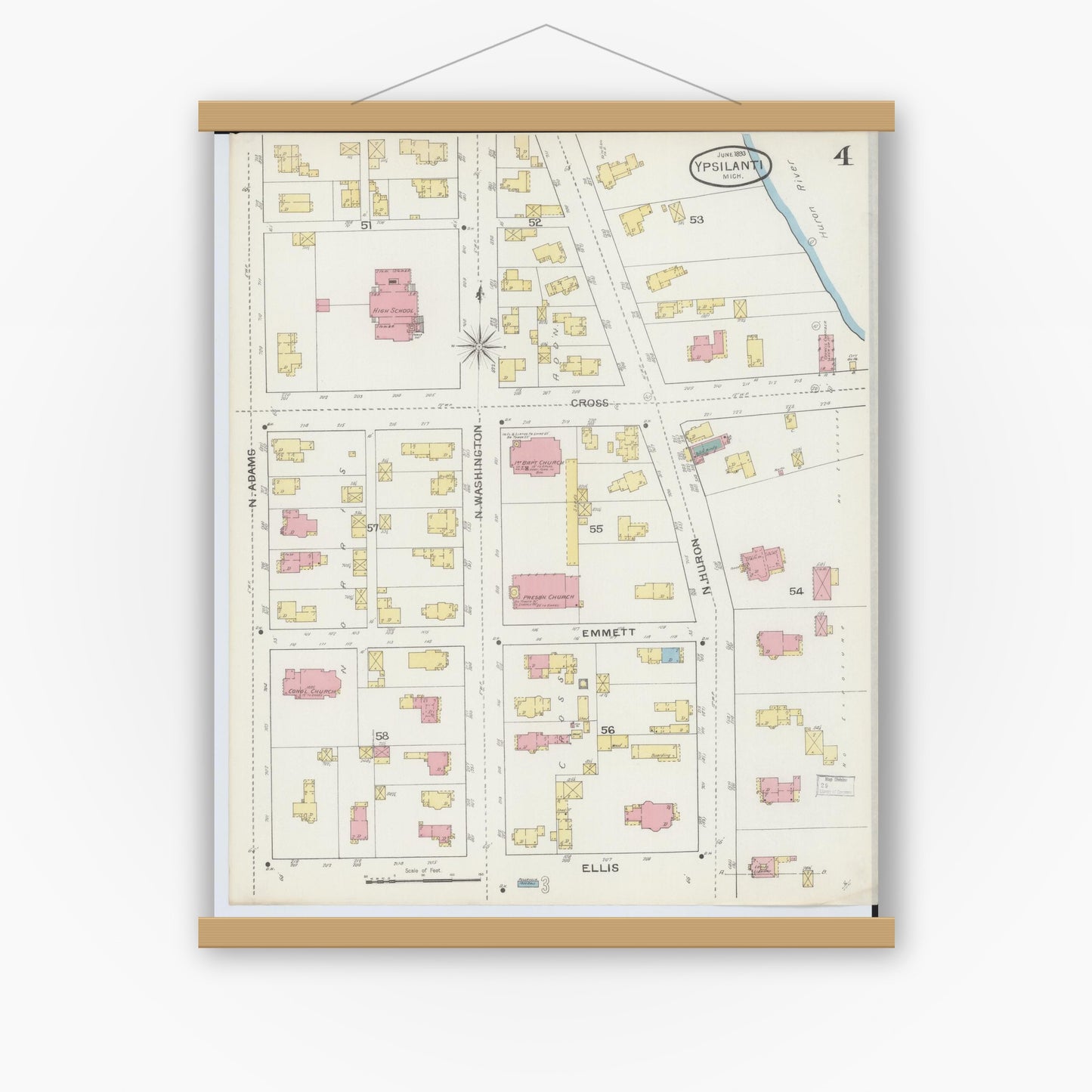 Old map wall art mockup — magnetic wood frame on white wall — Sanborn Fire Insurance Map from Ypsilanti, Washtenaw County, Michigan (1893), Sheet #0004