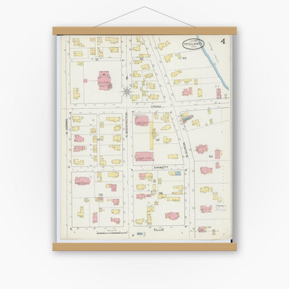 Old map wall art mockup — magnetic wood frame on white wall — Sanborn Fire Insurance Map from Ypsilanti, Washtenaw County, Michigan (1893), Sheet #0004