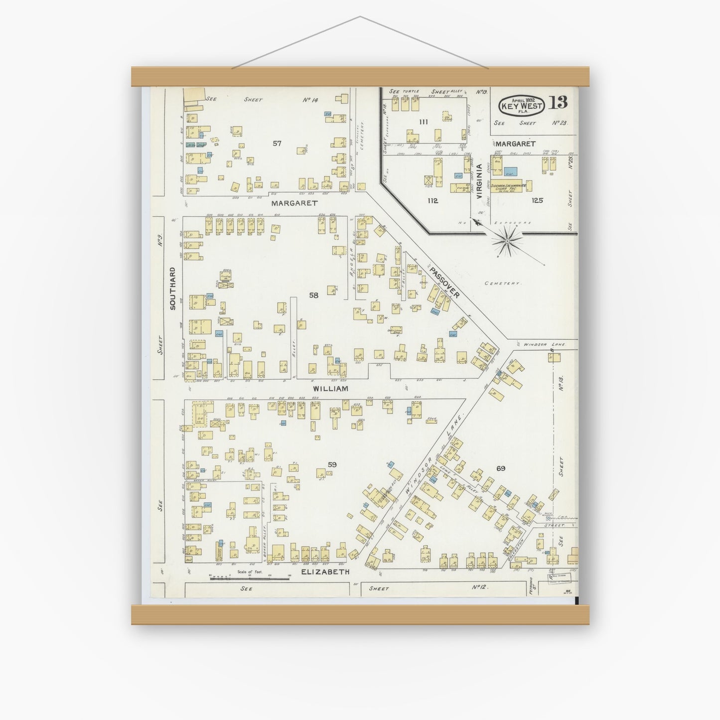Old map wall art mockup — magnetic wood frame on white wall — Sanborn Fire Insurance Map from Key West, Monroe County, Florida (1892), Sheet #0013