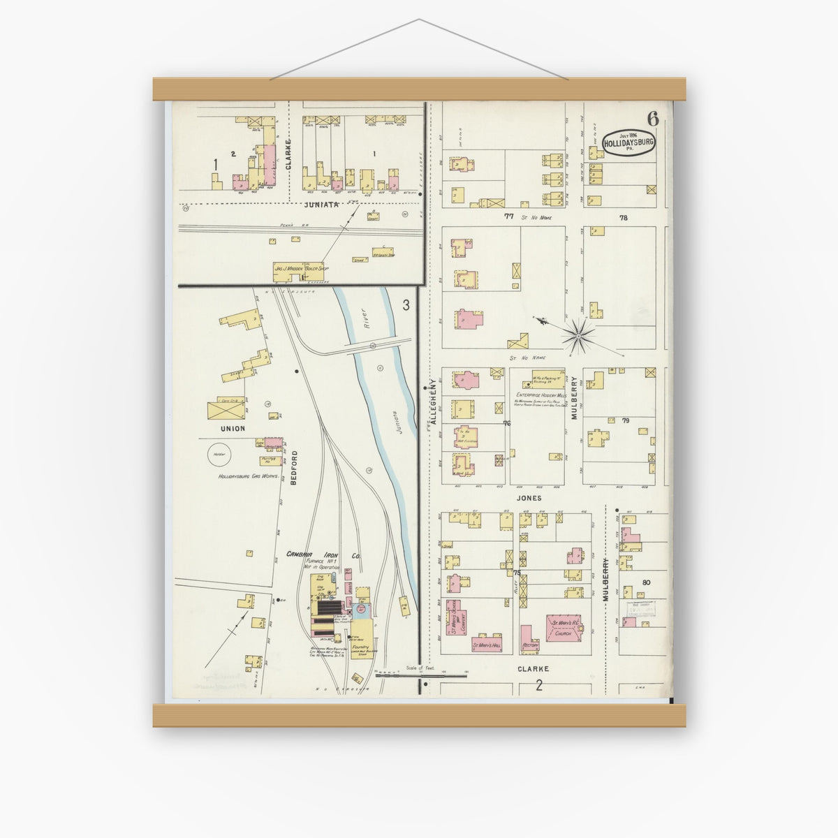 Old map wall art mockup — magnetic wood frame on white wall — Sanborn Fire Insurance Map from Hollidaysburg, Blair County, Pennsylvania (1896), Sheet #0006