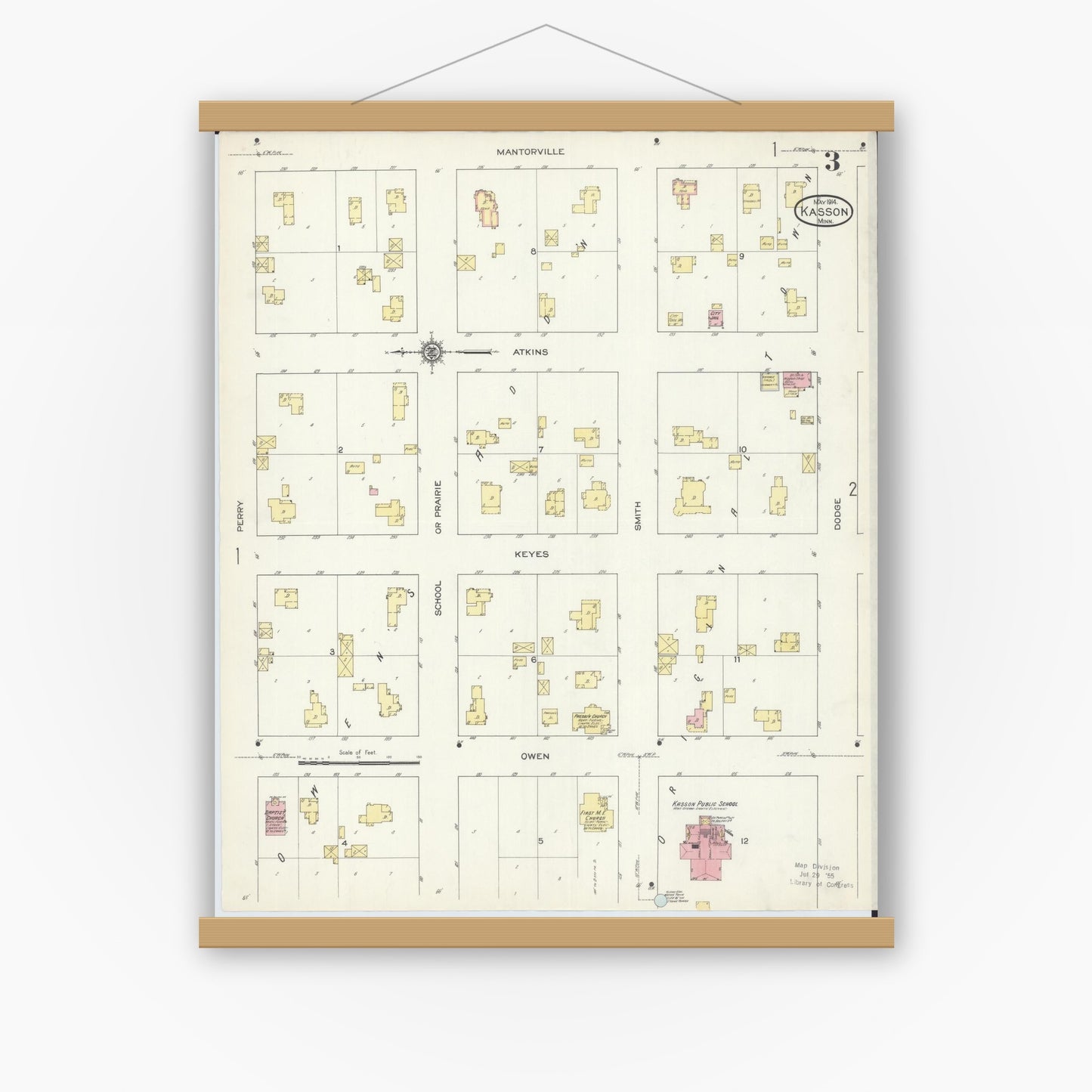 Old map wall art mockup — magnetic wood frame on white wall — Sanborn Fire Insurance Map from Kasson, Dodge County, Minnesota (1914), Sheet #0003