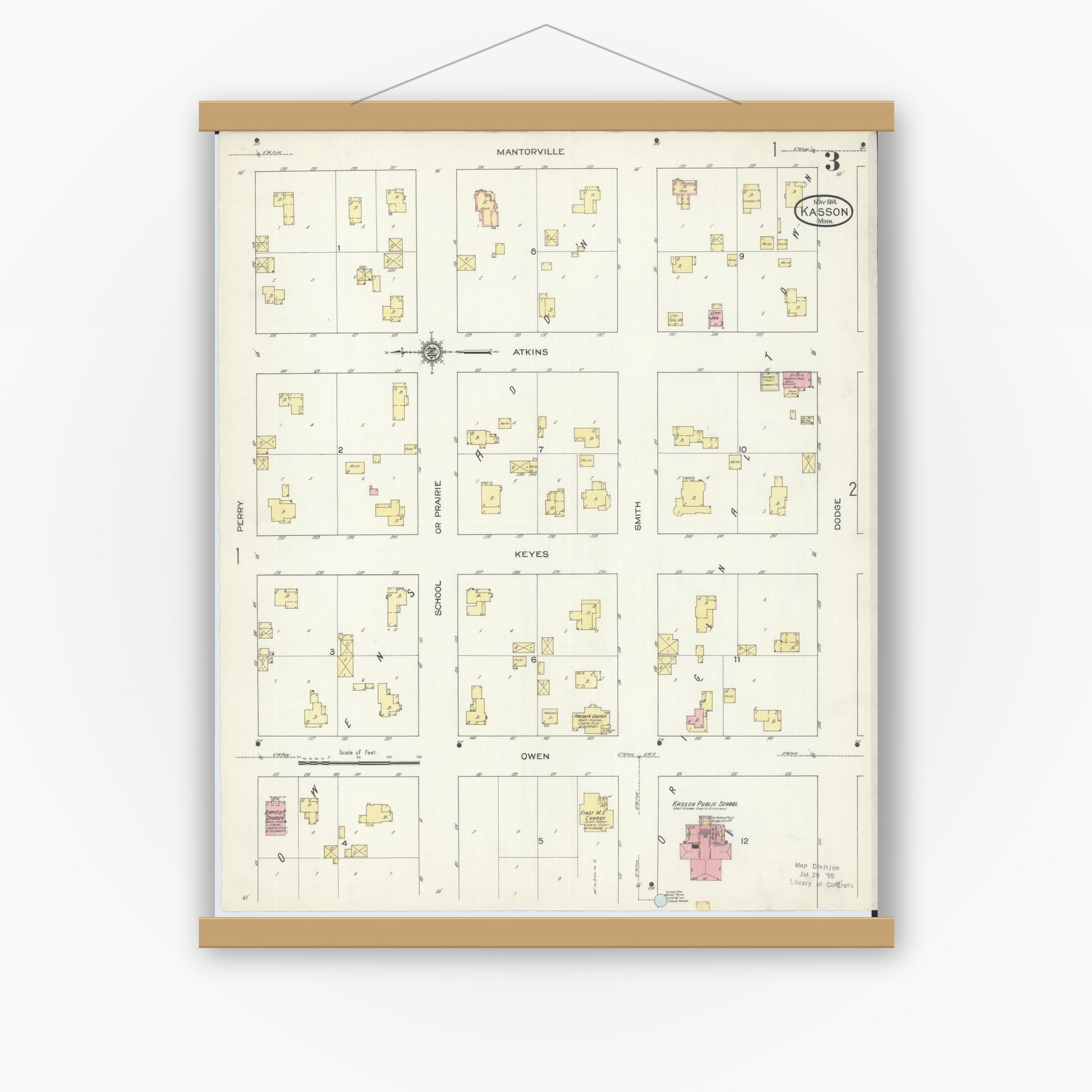Old map wall art mockup — magnetic wood frame on white wall — Sanborn Fire Insurance Map from Kasson, Dodge County, Minnesota (1914), Sheet #0003