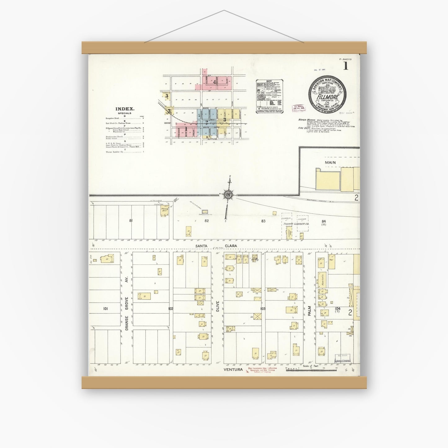 Old map wall art mockup — magnetic wood frame on white wall — Sanborn Fire Insurance Map from Fillmore, Ventura County, California (1911) - Complete Map Set