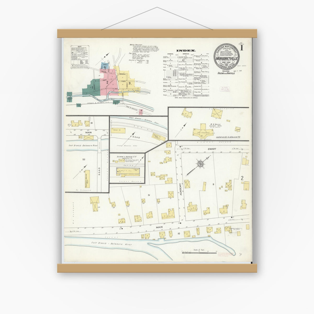 Old map wall art mockup — magnetic wood frame on white wall — Sanborn Fire Insurance Map from Margaretville, Delaware County, New York (1912), Sheet #0001