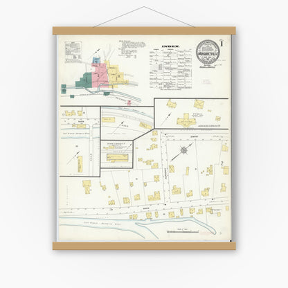 Old map wall art mockup — magnetic wood frame on white wall — Sanborn Fire Insurance Map from Margaretville, Delaware County, New York (1912), Sheet #0001