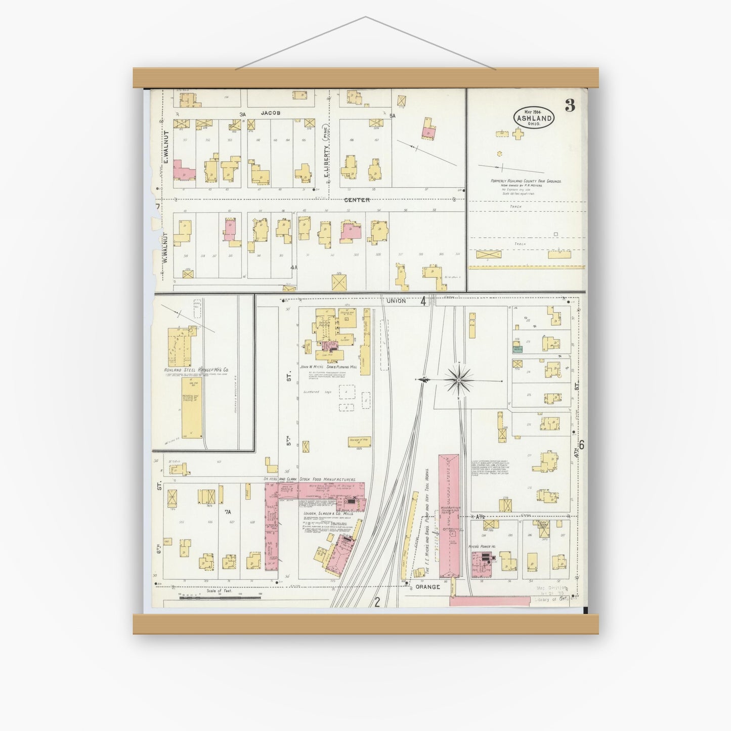 Old map wall art mockup — magnetic wood frame on white wall — Sanborn Fire Insurance Map from Ashland, Ashland County, Ohio (1904), Sheet #0003