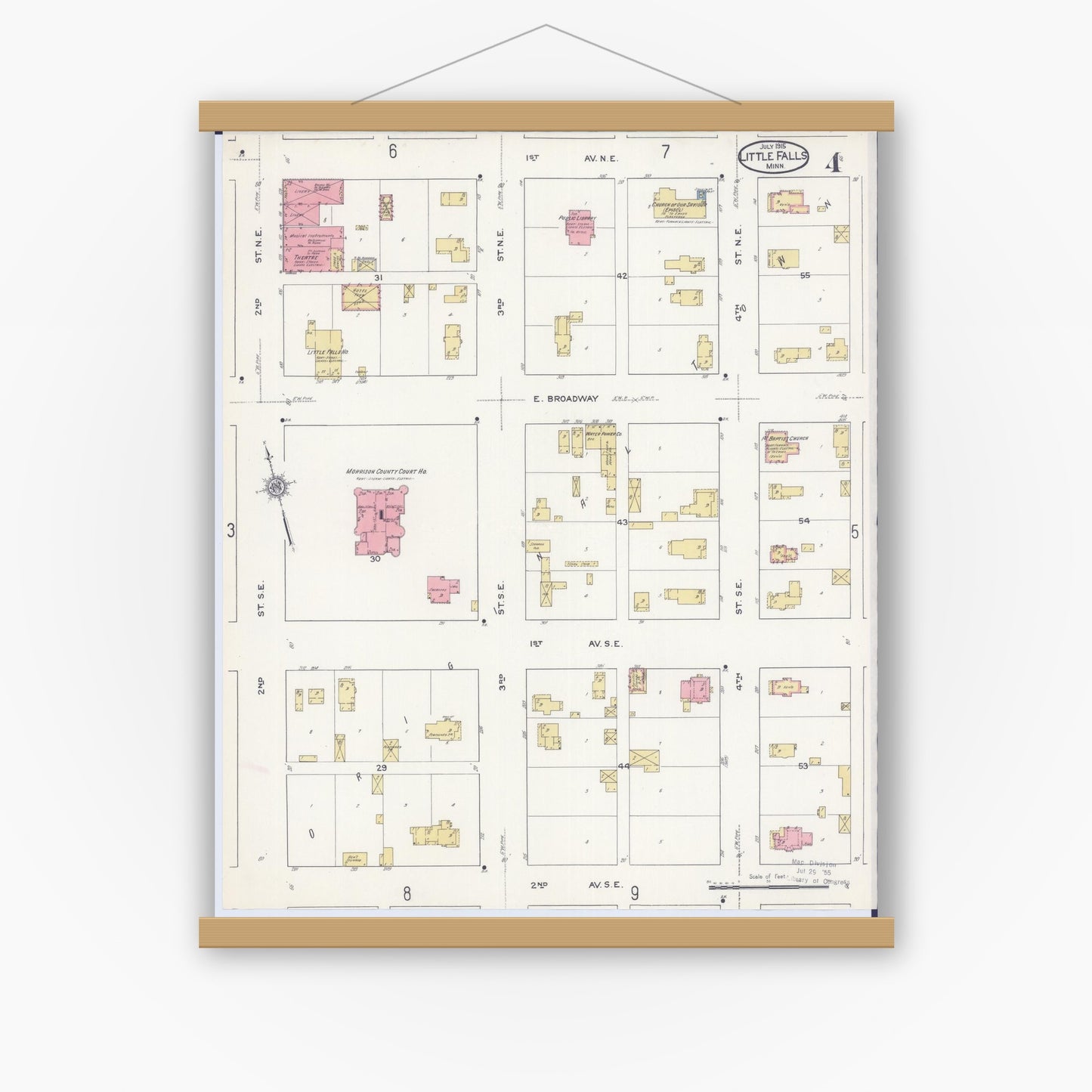 Old map wall art mockup — magnetic wood frame on white wall — Sanborn Fire Insurance Map from Little Falls, Morrison County, Minnesota (1915), Sheet #0004