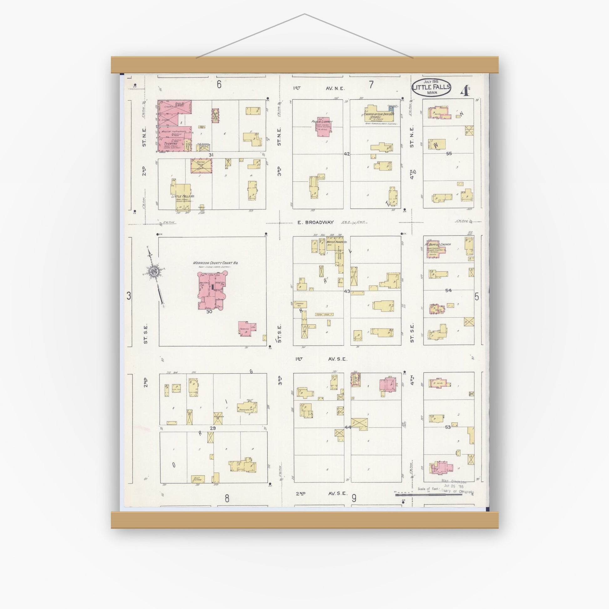 Old map wall art mockup — magnetic wood frame on white wall — Sanborn Fire Insurance Map from Little Falls, Morrison County, Minnesota (1915), Sheet #0004