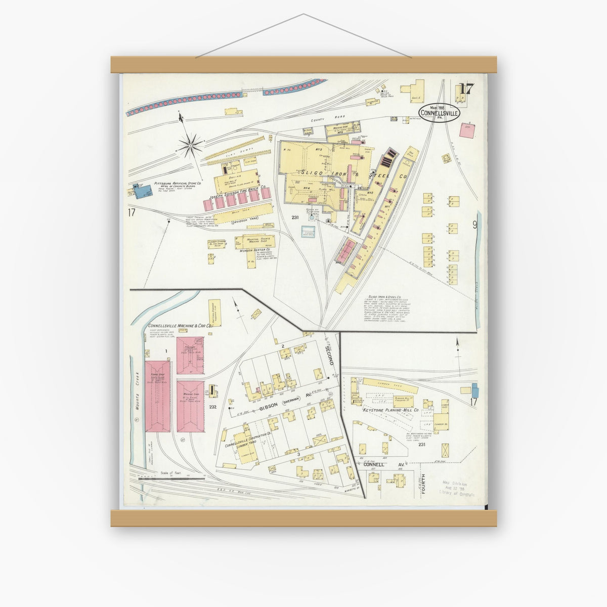 Old map wall art mockup — magnetic wood frame on white wall — Sanborn Fire Insurance Map from Connellsville, Fayette County, Pennsylvania (1908), Sheet #0017
