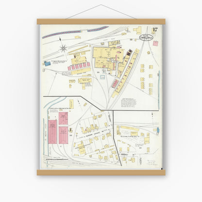 Old map wall art mockup — magnetic wood frame on white wall — Sanborn Fire Insurance Map from Connellsville, Fayette County, Pennsylvania (1908), Sheet #0017